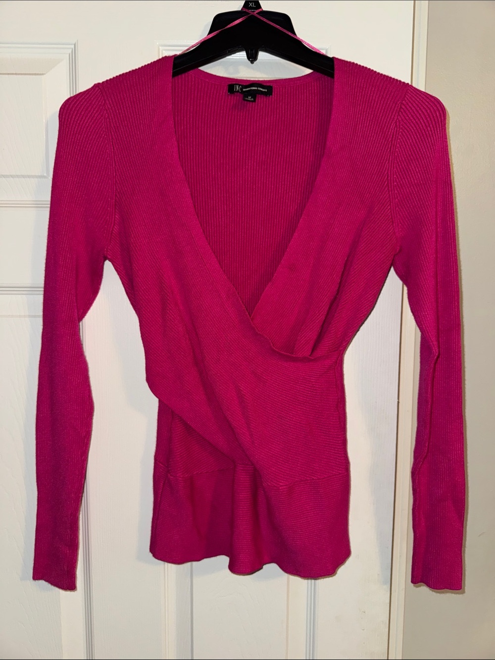 INC International Concepts Magenta Ribbed Wrap Long Sleeve Top